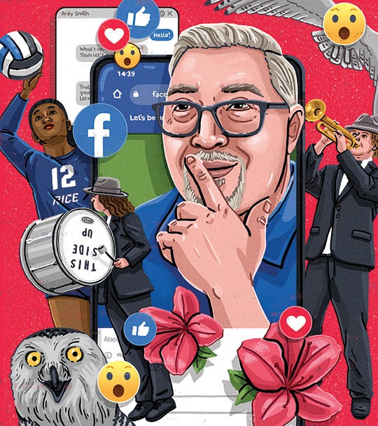 Illustration of Rob LaVohn with Facebook logo, emojis, a smart phone and Sammy the Owl
